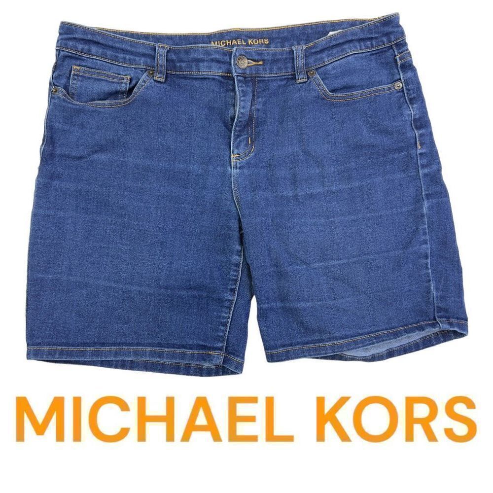 Michael Kors Women's Flat Front Mid-Rise Stretch Bermuda Denim Shorts Blue Sz 10